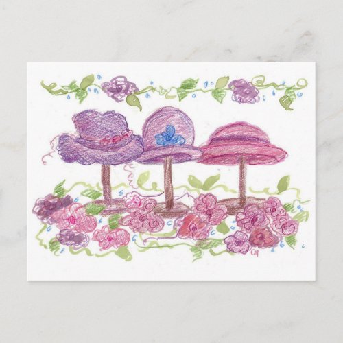 Victorian Vintage Hats Pink Purple Flowers Postcard