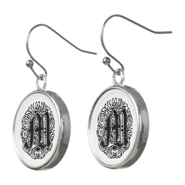Victorian Vintage M Monogram Font Monarchia Drop  Earrings (Angled)