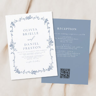 Victorian Vintage QR Code Blue Floral Wedding Invitation