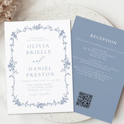 Victorian Vintage QR Code Blue Floral Wedding Invitation