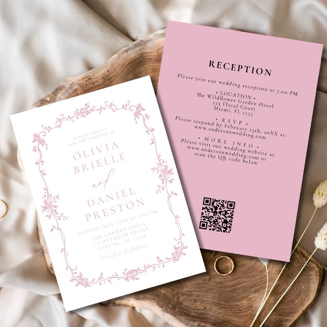 Victorian Vintage QR Code Pink Floral Wedding Invitation (Creator Uploaded)