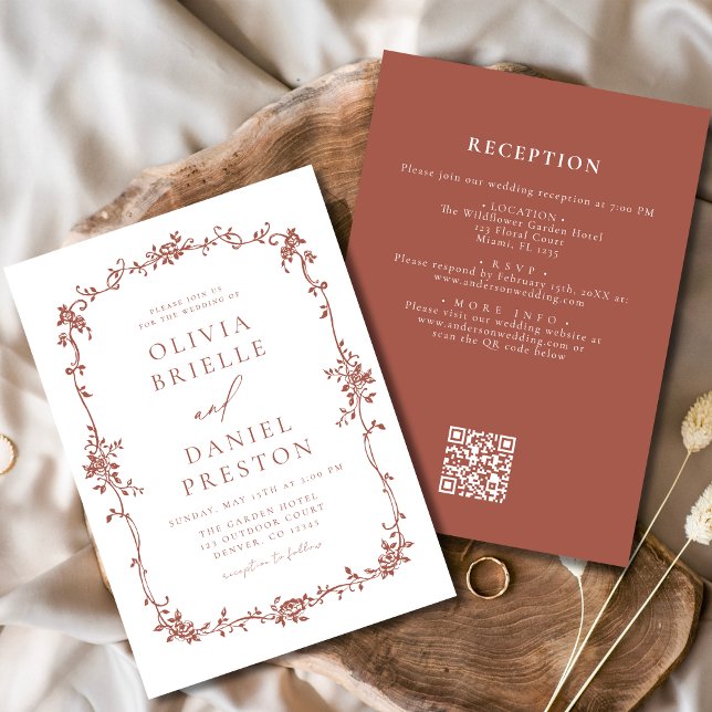 Victorian Vintage QR Code Terracotta Wedding Invitation (Creator Uploaded)