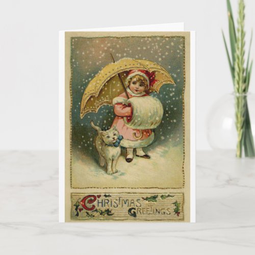 Victorian Vintage Retro Child and Cat Christmas Holiday Card