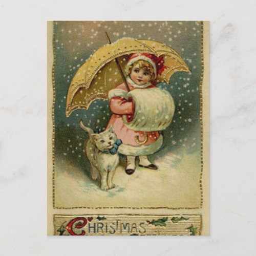 Victorian Vintage Retro Child and Cat Christmas Holiday Postcard