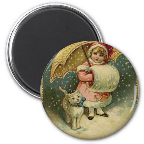 Victorian Vintage Retro Child and Cat Christmas Magnet