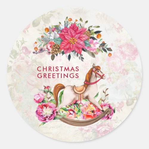 Victorian Vintage Rocking Horse Christmas Greeting Classic Round Sticker