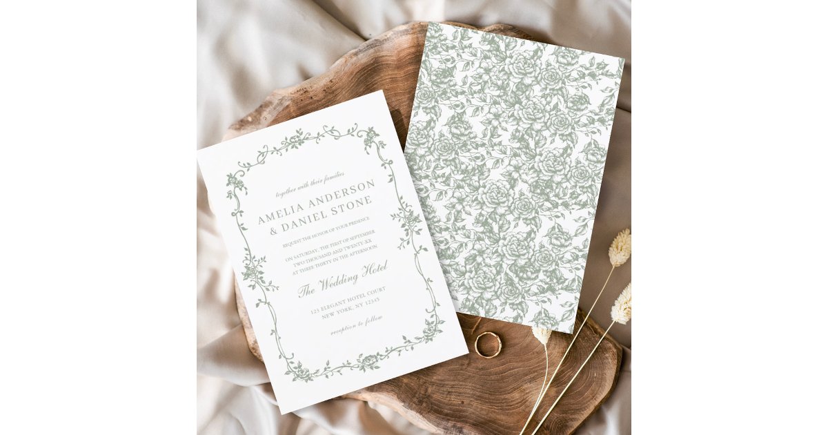 Victorian Vintage Sage Green Floral Wedding Invitation | Zazzle