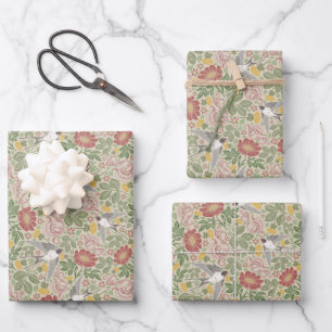 Victorian Vintage Spring Red Daisy & Flying Birds Wrapping Paper Sheets