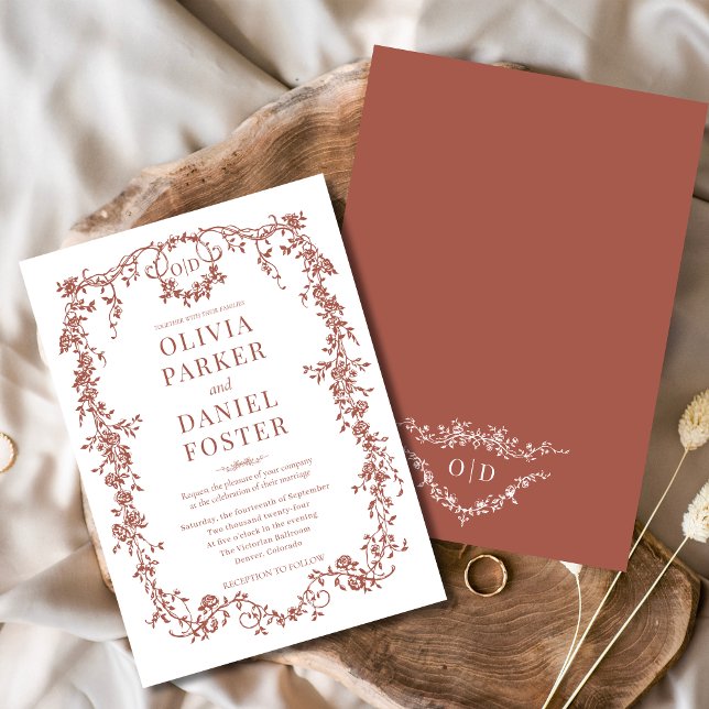Victorian Vintage Terracotta Wedding Monogram Invitation (Creator Uploaded)