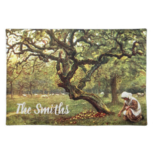 Victorian Watercolor: Girl picking Apples Cloth Placemat