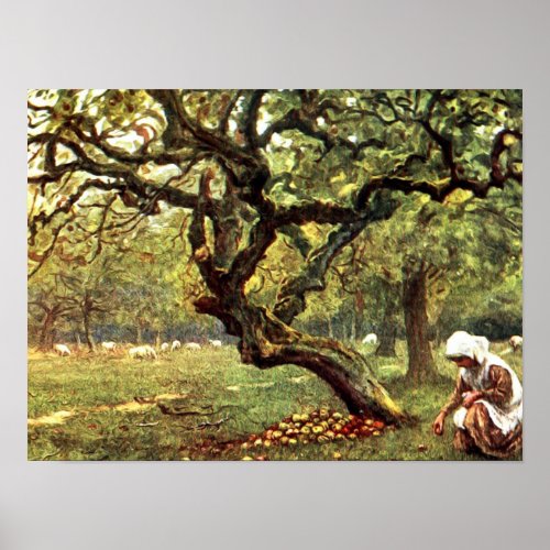 Victorian Watercolor Girl picking Apples Poster