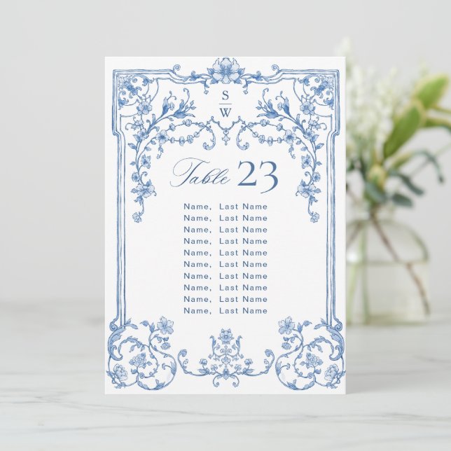 Victorian Wedding Blue Seating Chart Card (Standing Front)