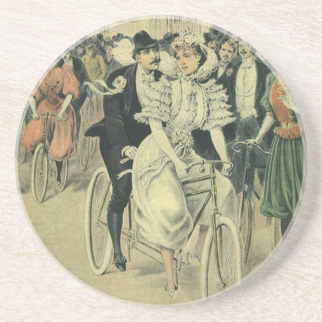 Victorian Wedding Bride and Groom Newlywed Bicycle Coaster (Front)