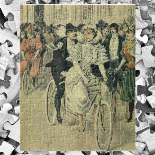 Victorian Wedding Bride and Groom Newlywed Bicycle Jigsaw Puzzle