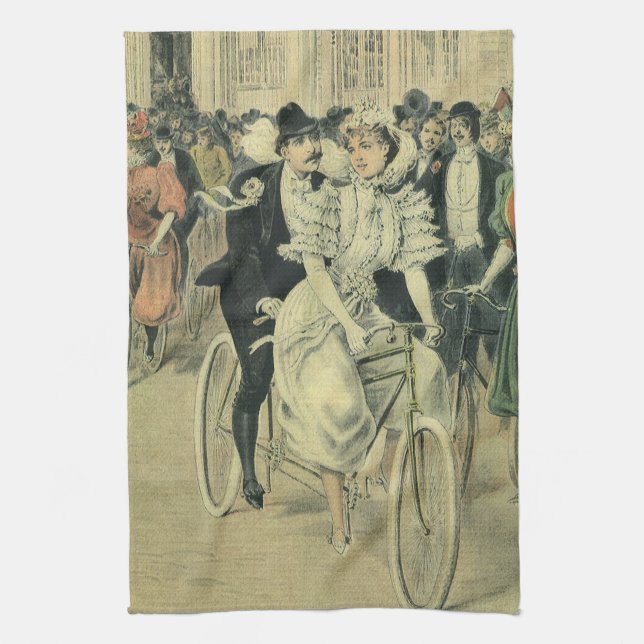 Victorian Wedding Bride and Groom Newlywed Bicycle Kitchen Towel (Vertical)