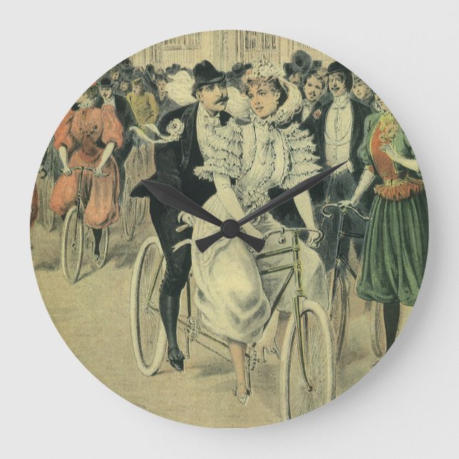 Victorian Wedding Bride and Groom Newlywed Bicycle Large Clock (Front)