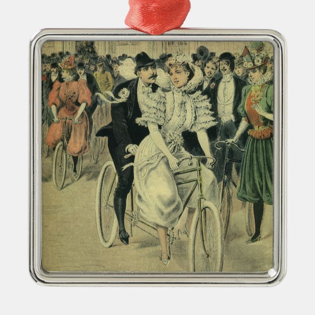 Victorian Wedding Bride and Groom Newlywed Bicycle Metal Ornament (Front)