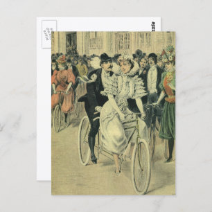 Victorian Wedding Bride and Groom Newlywed Bicycle Postcard