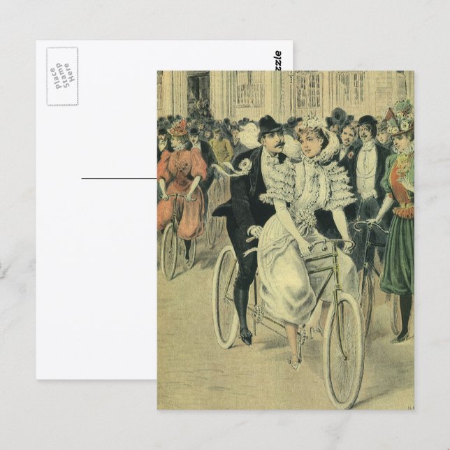 Victorian Wedding Bride and Groom Newlywed Bicycle Postcard (Front/Back)