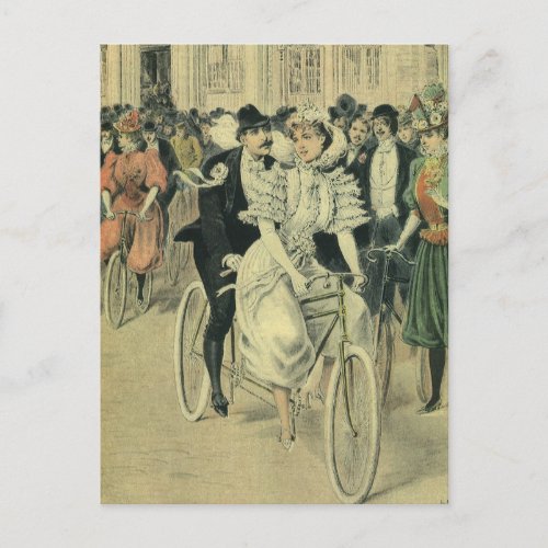 Victorian Wedding Bride and Groom Newlywed Bicycle Postcard