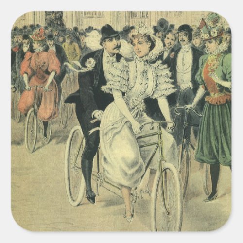 Victorian Wedding Bride and Groom Newlywed Bicycle Square Sticker