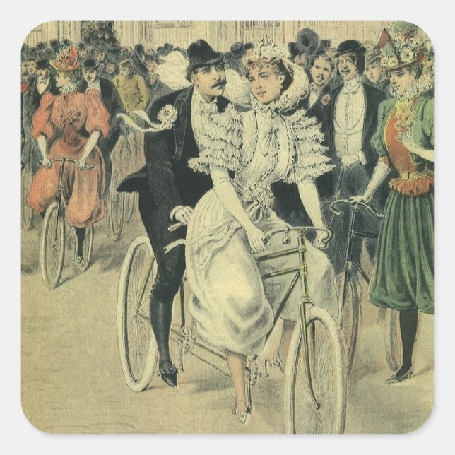 Victorian Wedding Bride and Groom Newlywed Bicycle Square Sticker (Front)