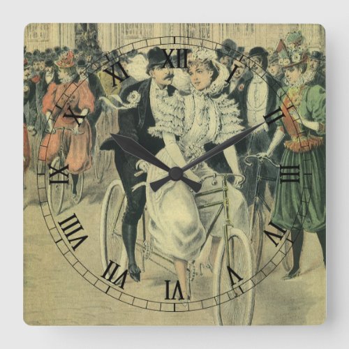 Victorian Wedding Bride and Groom Newlywed Bicycle Square Wall Clock