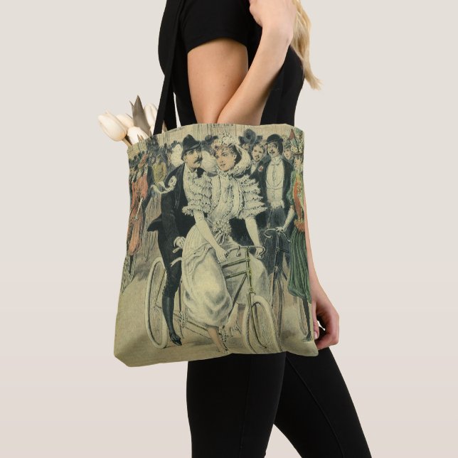 Victorian Wedding Bride and Groom Newlywed Bicycle Tote Bag (Close Up)