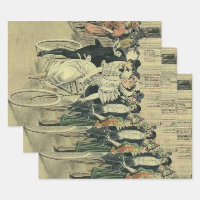 Victorian Wedding Bride and Groom Newlywed Bicycle Wrapping Paper Sheets (Set)