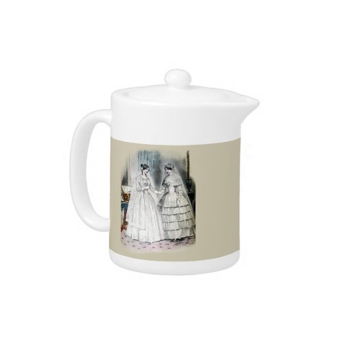 Victorian Wedding Dress Two Women Teapot