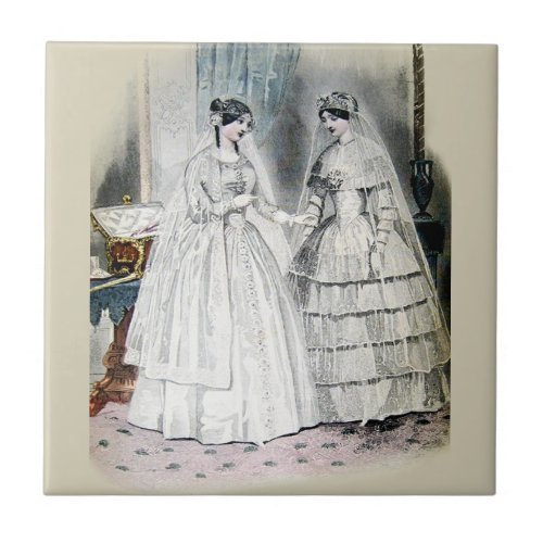 Victorian Wedding Dress Two Women Tile