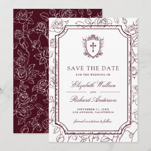 Victorian White and Burgundy Catholic Wedding Save The Date