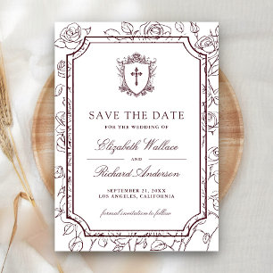 Victorian White and Burgundy Catholic Wedding Save The Date