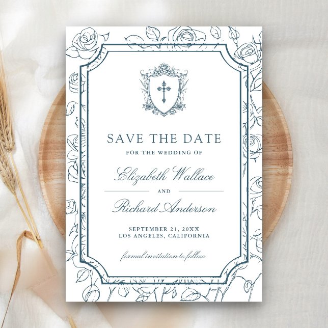 Victorian White and Dusty Blue Catholic Wedding Save The Date (Creator Uploaded)