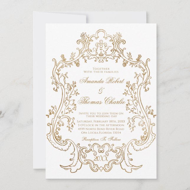 Victorian White and Gold Wedding  Invitation (Front)
