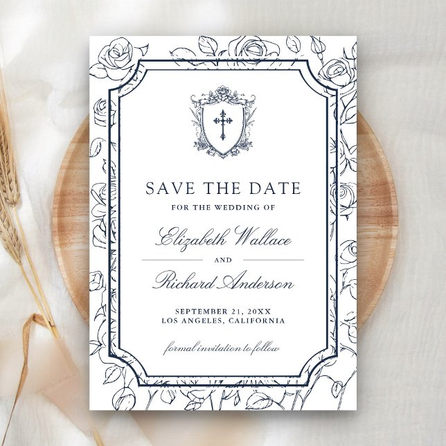 Victorian White and Navy Blue Catholic Wedding Save The Date (Creator Uploaded)