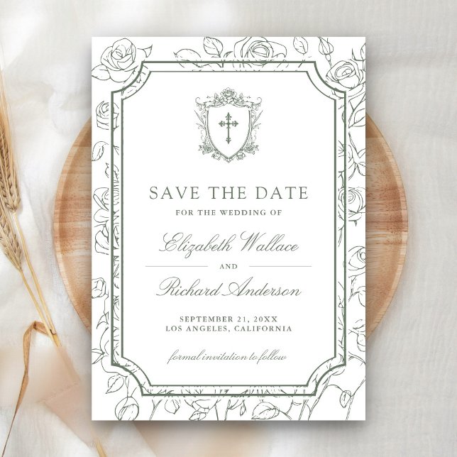 Victorian White and Sage Green Catholic Wedding Save The Date (Creator Uploaded)