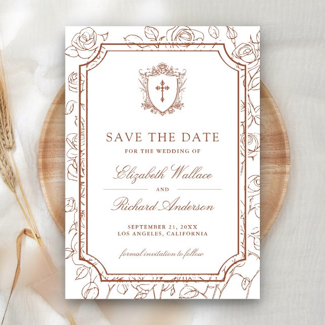 Victorian White and Terracotta Catholic Wedding Save The Date (Creator Uploaded)