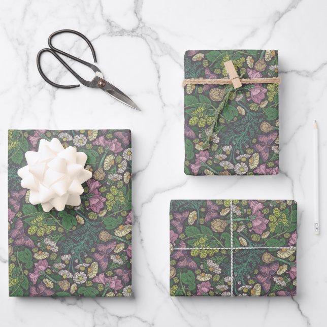 Victorian White Daisies Purple Butterflies Garden Wrapping Paper Sheets (Front)