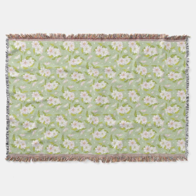 Victorian White Flower on Green Pattern Throw Throw Blanket (Front)