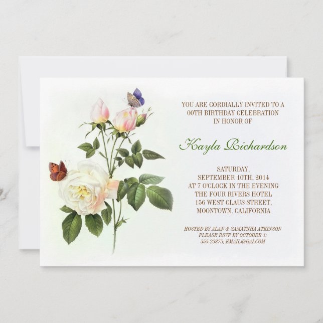 victorian white rose birthday invitation (Front)