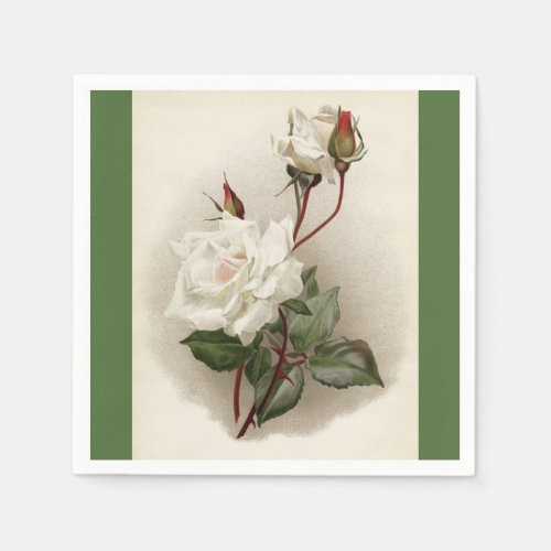 Victorian White Roses Green Paper Napkin