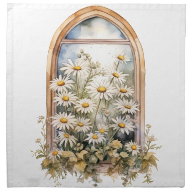VICTORIAN WINDOW WITH DAISY FLOWERS CLOTH NAPKIN (Front)