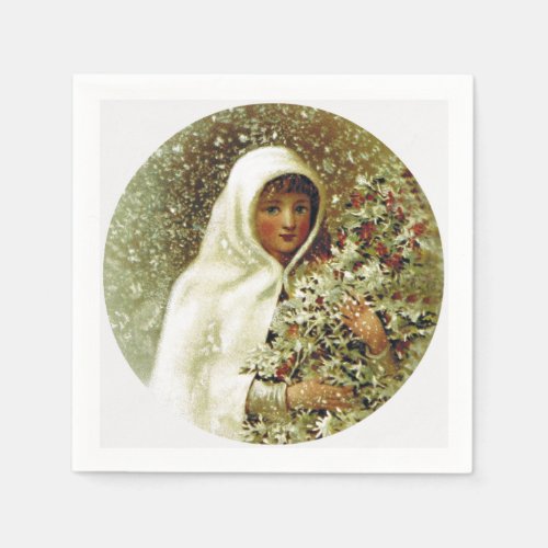 Victorian winter girl holly berry branch snow napkins