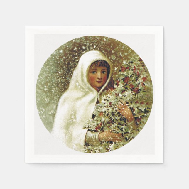 Victorian winter girl holly berry branch snow napkins (Front)