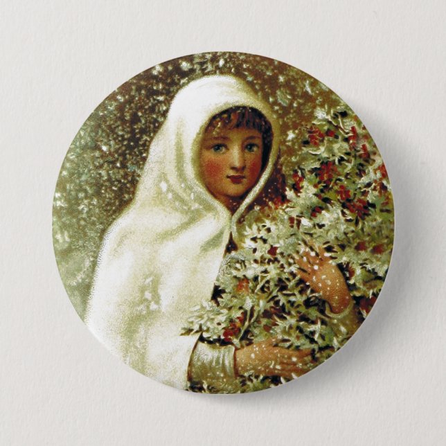 Victorian winter girl holly berry branches snow button (Front)