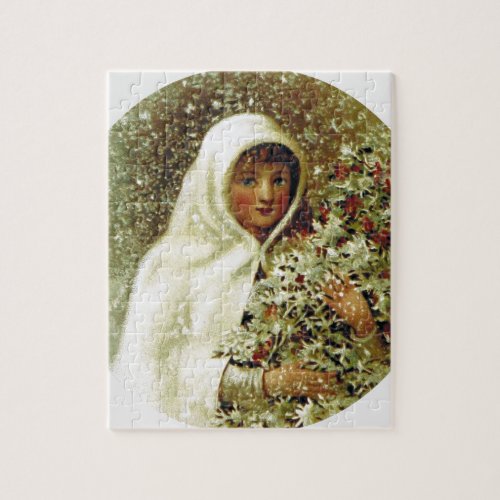 Victorian winter girl holly berry branches snow  j jigsaw puzzle