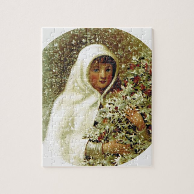 Victorian winter girl holly berry branches snow  jigsaw puzzle (Vertical)