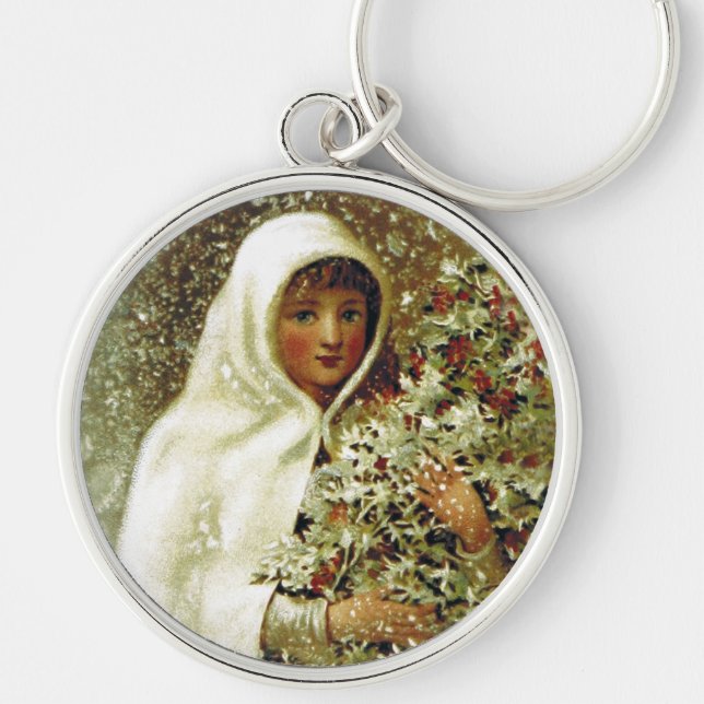 Victorian winter girl holly berry branches snow keychain (Front)