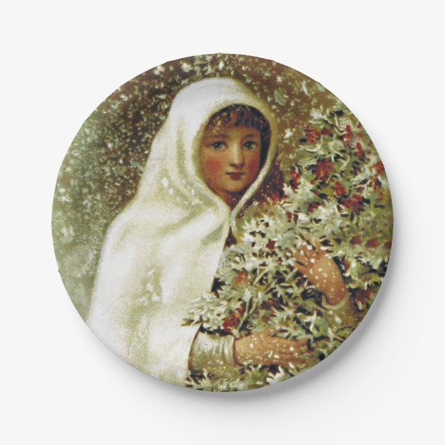 Victorian winter girl holly berry branches snow paper plates (Front)